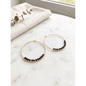 Elegant Gold Tone Beaded Hoop Earrings Black Gemstone Accents Infinity Loops